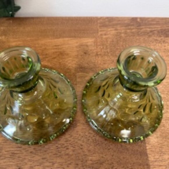 Vintage Green Glass Candle Holders Moon & Stars Pattern Indiana Style Pair Thumb - Picture 4 of 5